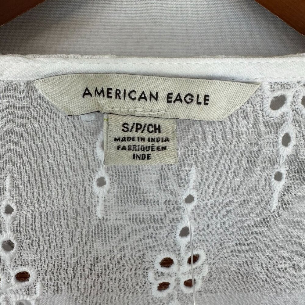 American Eagle White Embroidered Lace Ballon 3/4 Sleeve Peasant Babydoll Blouse - Picture 12 of 16